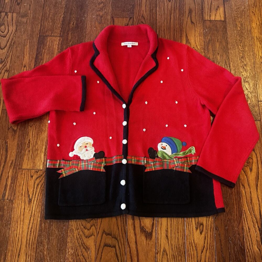 Vintage Christmas Sweater Womens L Mercer Street Studio Cardigan Santa Snowman